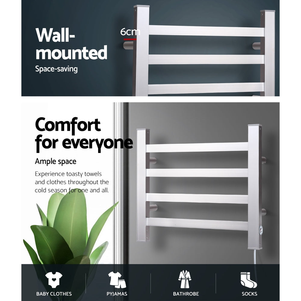 DEVANTI Electric Heated Ladder Towel Rails Bathroom Dryer Clothes Warmer 4 Racks Square Bars Rungs