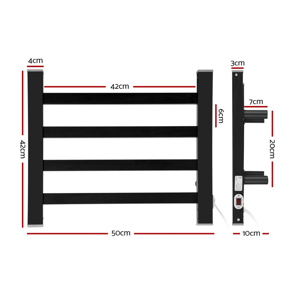 DEVANTI Electric Heated Ladder Towel Rails Bathroom Dryer Clothes Warmer 4 Racks Square Bars Black Rungs
