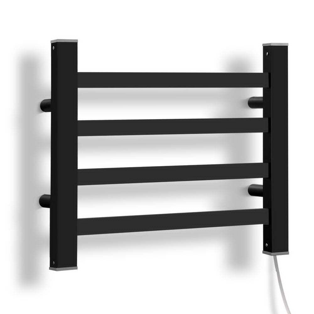 DEVANTI Electric Heated Ladder Towel Rails Bathroom Dryer Clothes Warmer 4 Racks Square Bars Black Rungs
