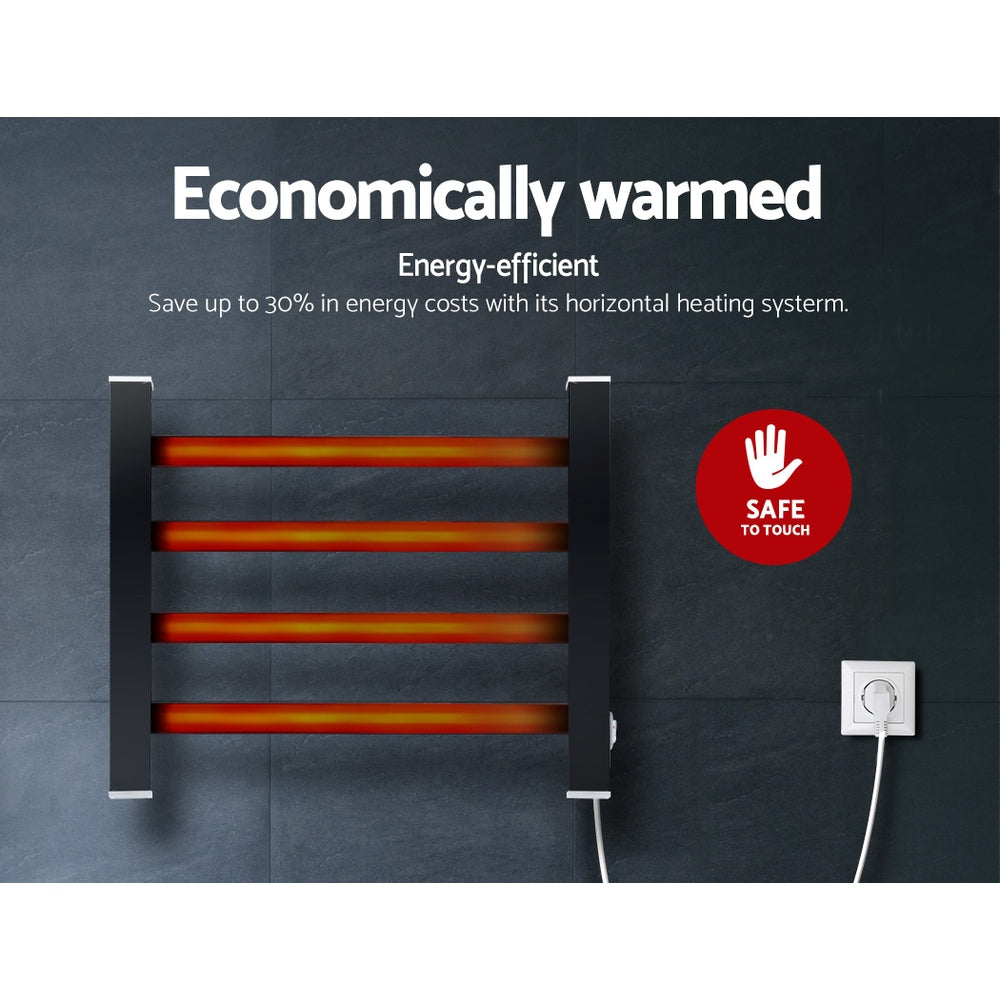 DEVANTI Electric Heated Ladder Towel Rails Bathroom Dryer Clothes Warmer 4 Racks Square Bars Black Rungs