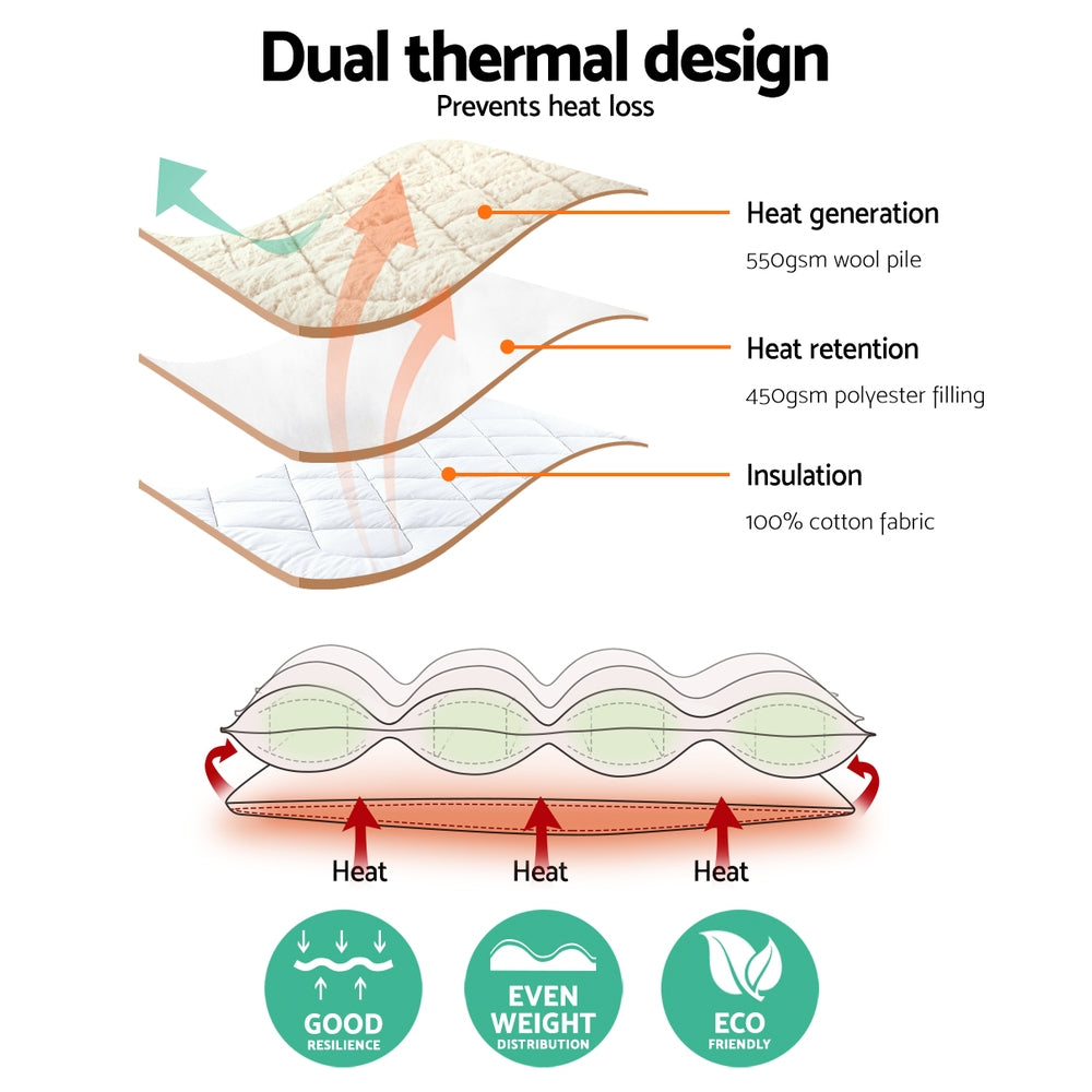 Giselle Bedding Reversible Wool Underlay Mattress Topper Underblanket Cotton Fabric King