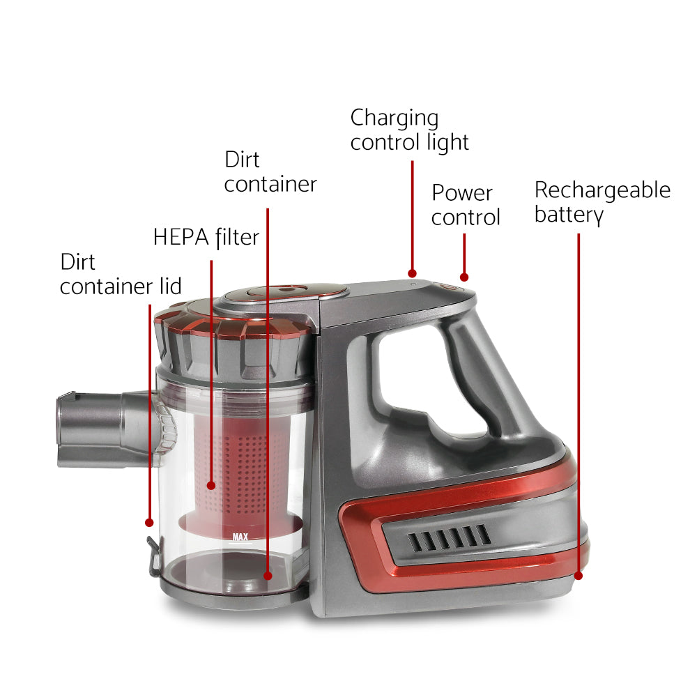 Devanti 150 Cordless Handheld Stick Vacuum Cleaner 2 Speed Red And Grey
