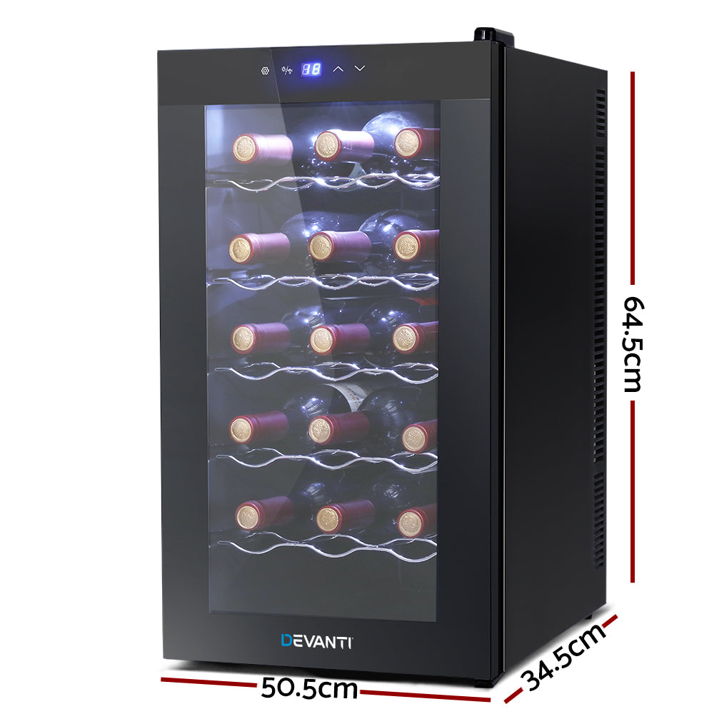 Devanti Wine Cooler 18 Bottles Glass Door Beverage Cooler Thermoelectric Fridge Black