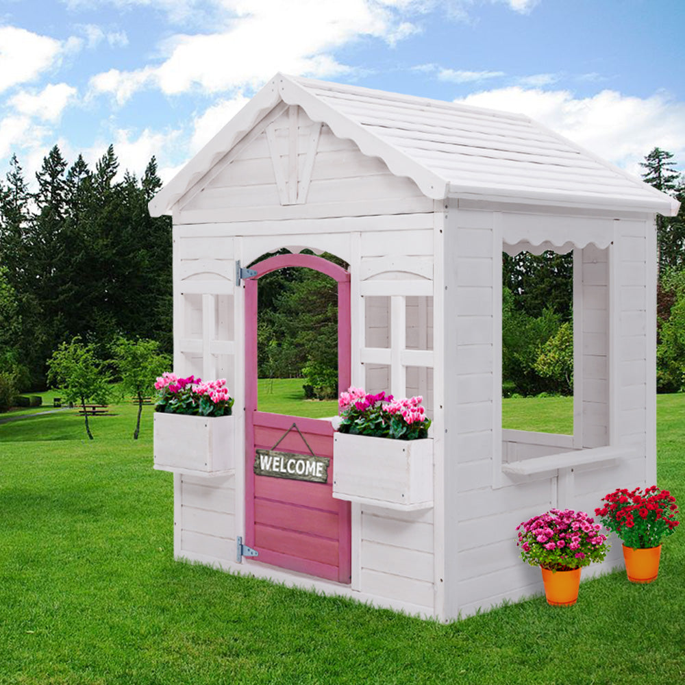Kids Wooden Cubby House with Floor Outdoor Childrens Pretend Play