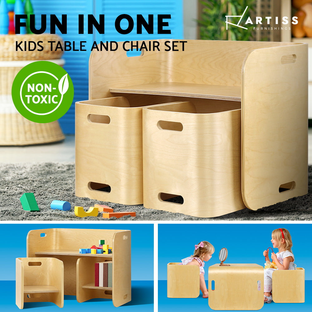 Keezi 3 PC Nordic Kids Table Chair Set Beige Desk Activity Compact Children