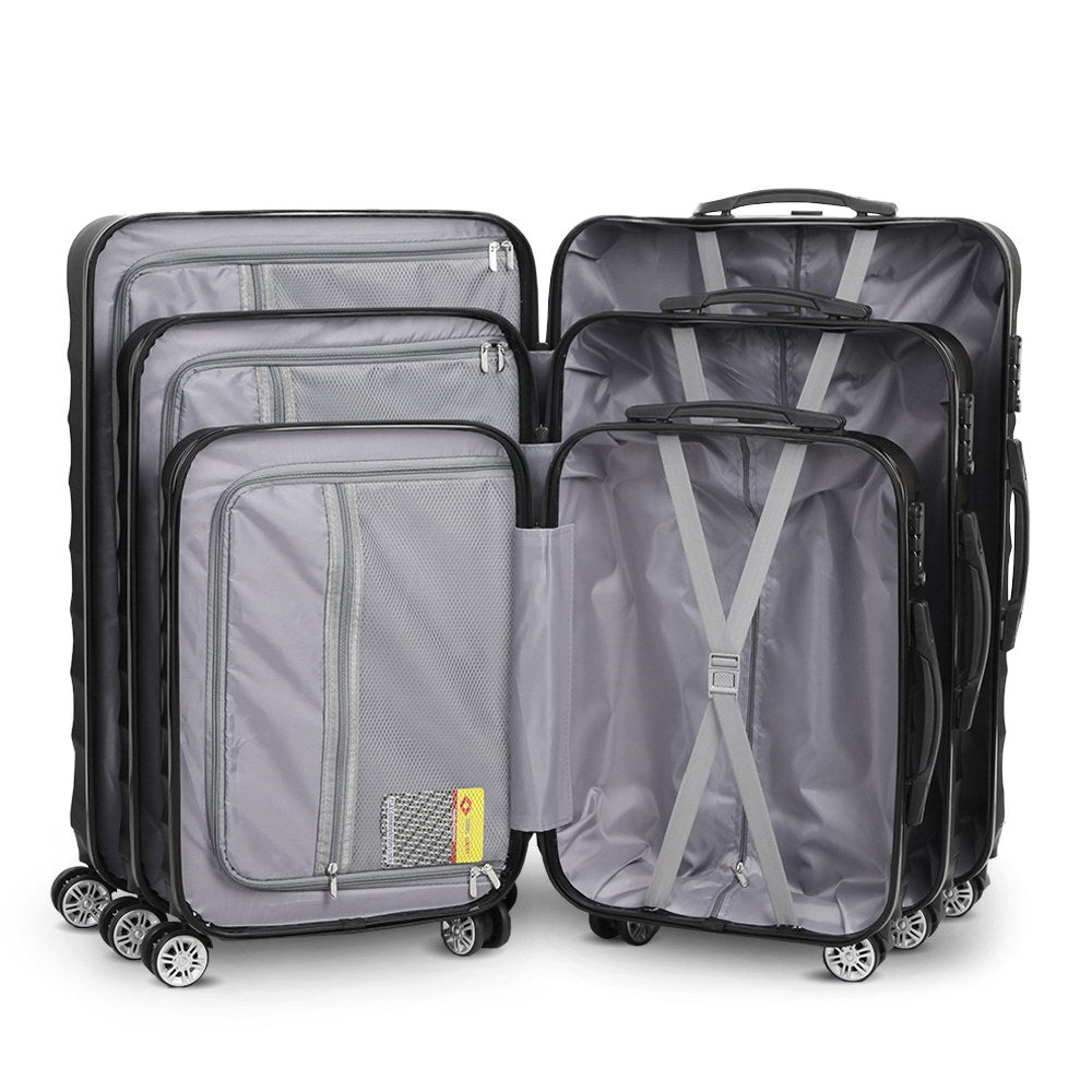 Wanderlite 3 Piece Lightweight Hard Suit Case Luggage Black