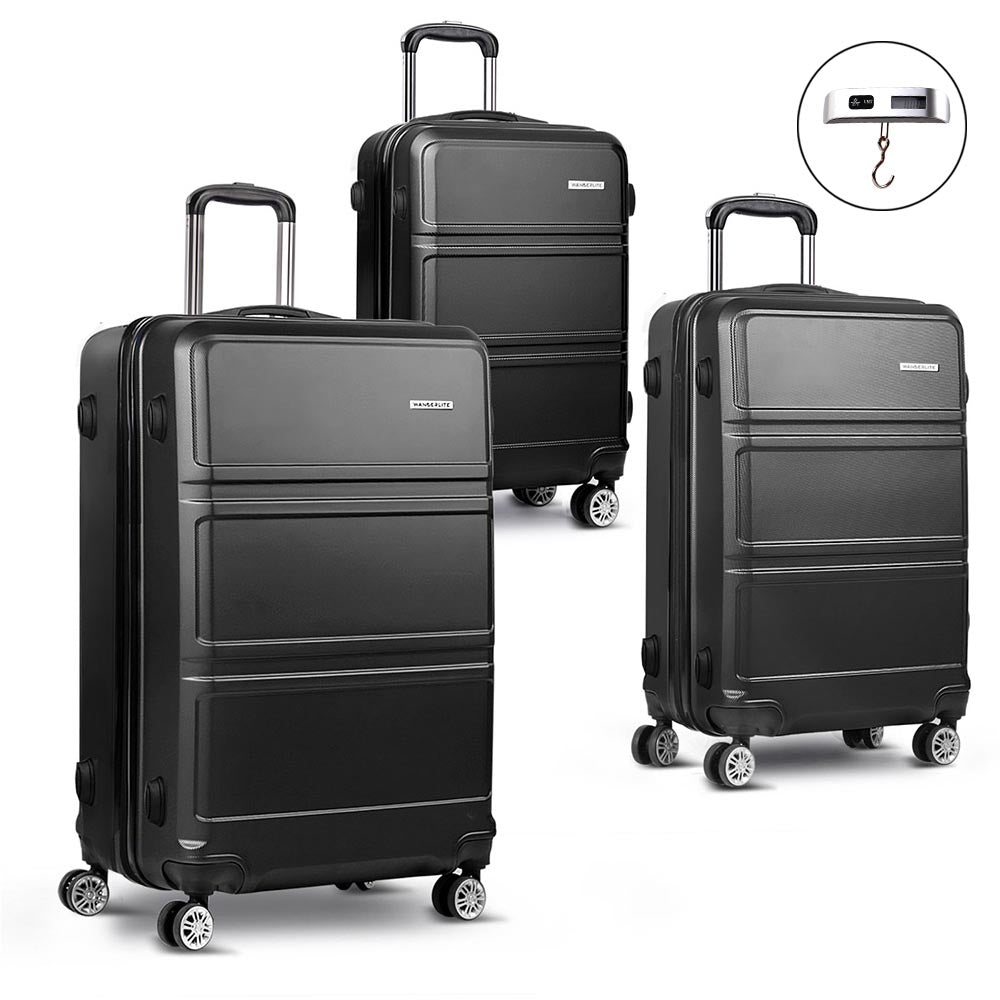 Wanderlite 3 Piece Lightweight Hard Suit Case Luggage Black