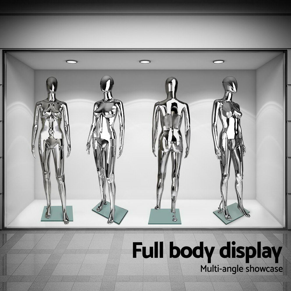 175cm Tall Full Body Chrome Female Mannequin - Silver