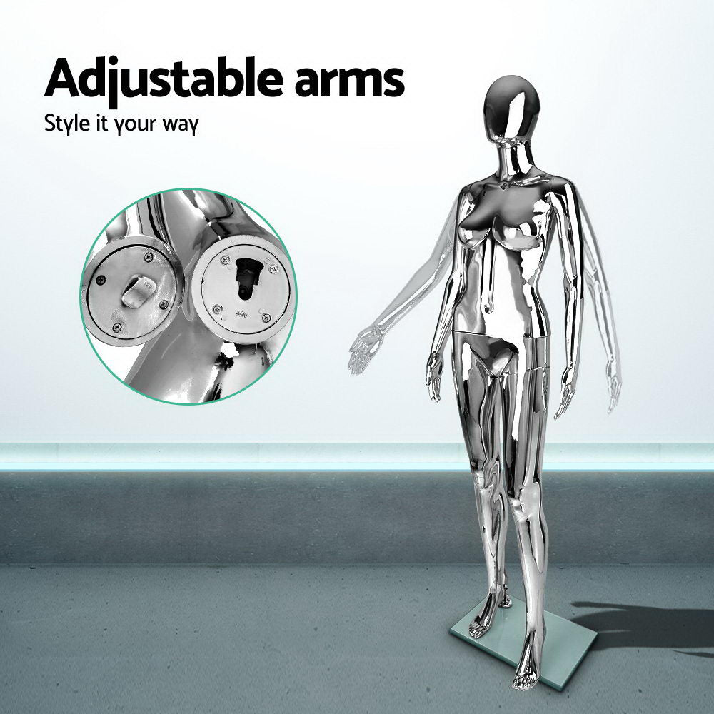 175cm Tall Full Body Chrome Female Mannequin - Silver