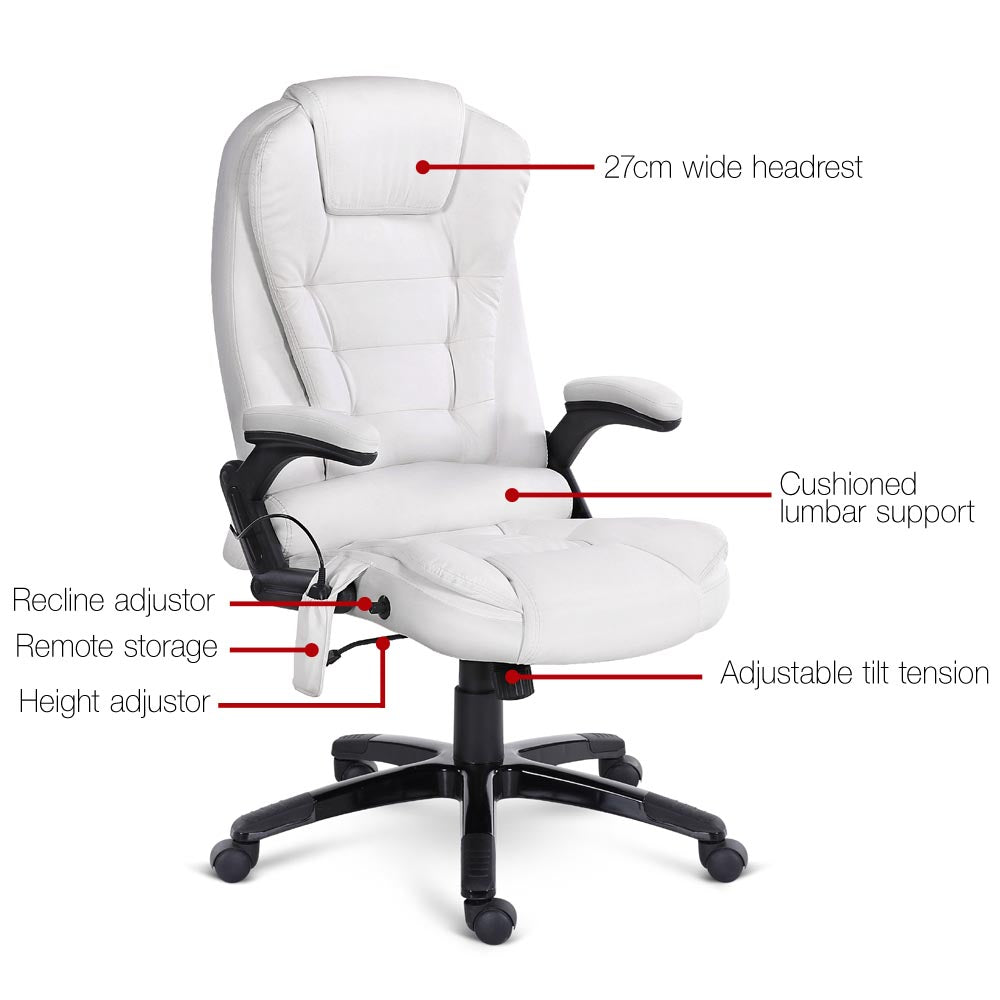 8 Point PU Leather Reclining Massage Chair - White