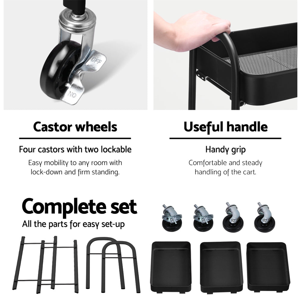 Artiss 3 Tier Kitchen Storage Cart Portable Rolling Rack Shelf Wheel Office Tool
