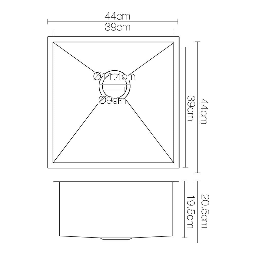 Cefito 44cm x 44cm Stainless Steel Kitchen Sink Under/Top/Flush Mount Black