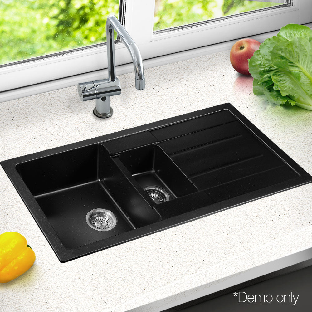 Cefito 1000 x 500mm Granite Stone Double Sink - Black