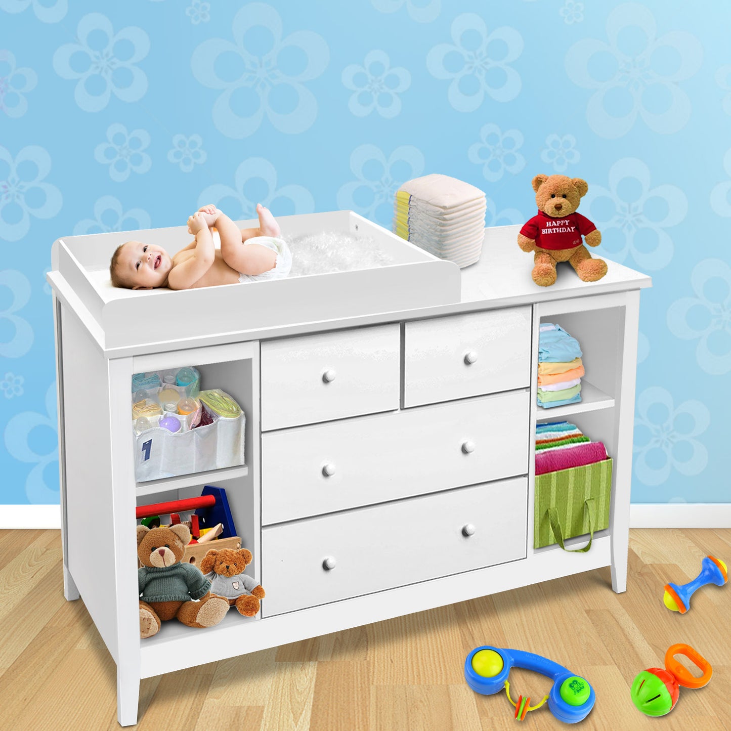 Keezi Baby Changing Table Diaper Station Drawers Chest Cabinet Nursery Furniture