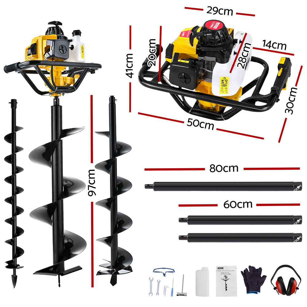 Giantz Post Hole Digger 82CC Petrol Motor Drill Borer Fence Extension Auger Bits