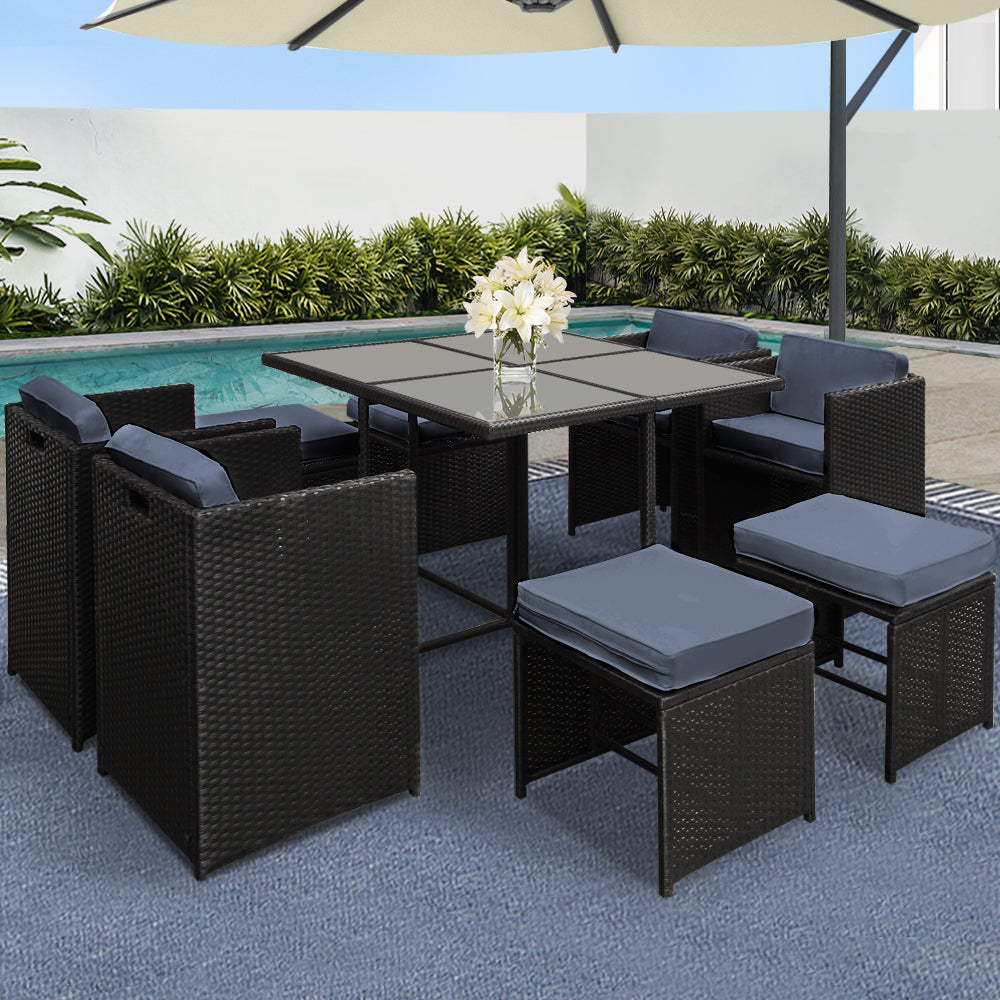 Gardeon Outdoor Dining Set 9 Piece Wicker Table Chairs Setting Black