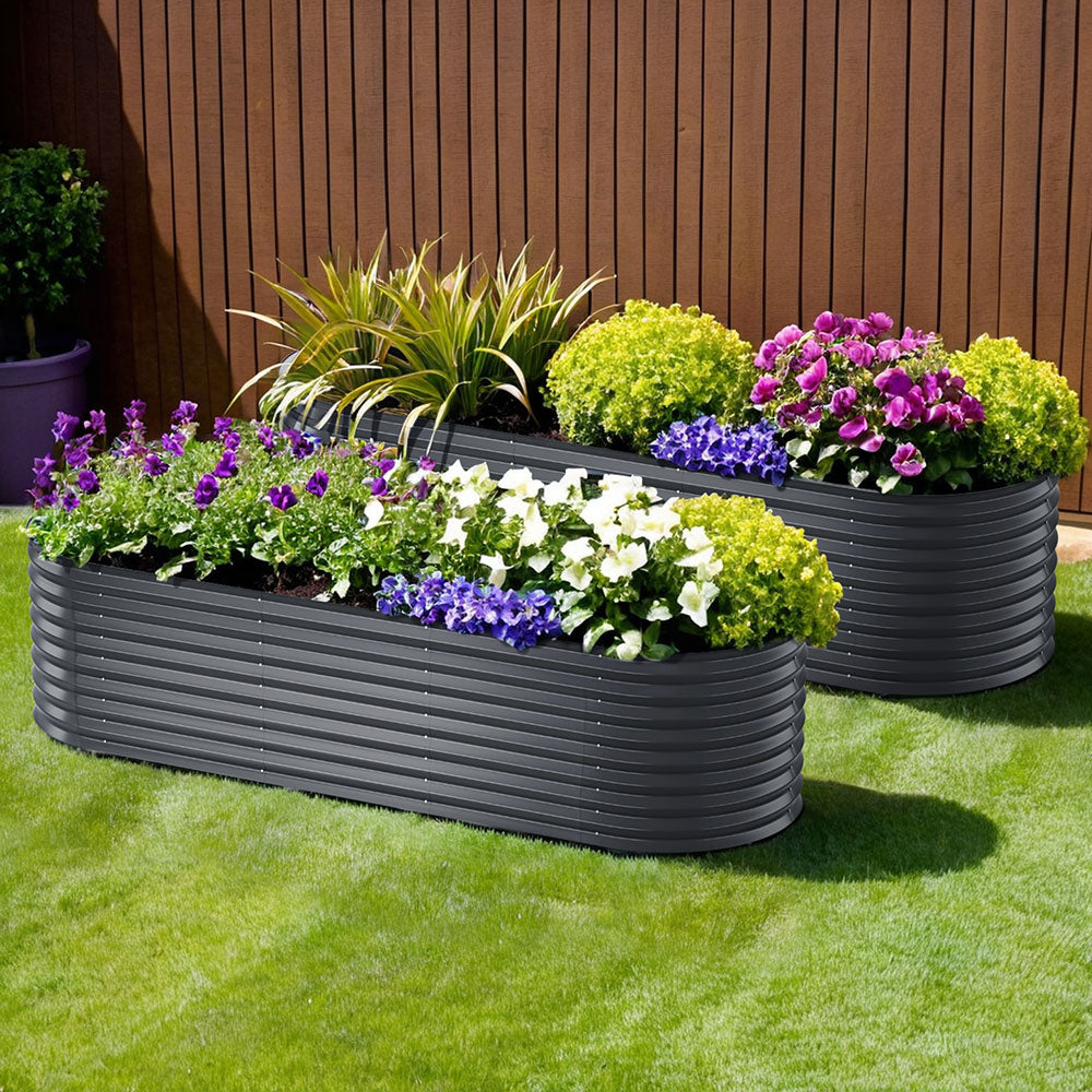 x2 Green Fingers Raised Garden Bed Kit Planter Oval Galvanised Steel 240cmX80cmX56cm