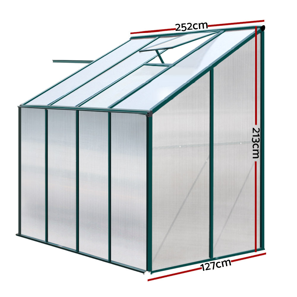 Green Fingers Greenhouse 2.52x1.27x2.13M Lean-to Aluminium Polycarbonate Green House Garden Shed