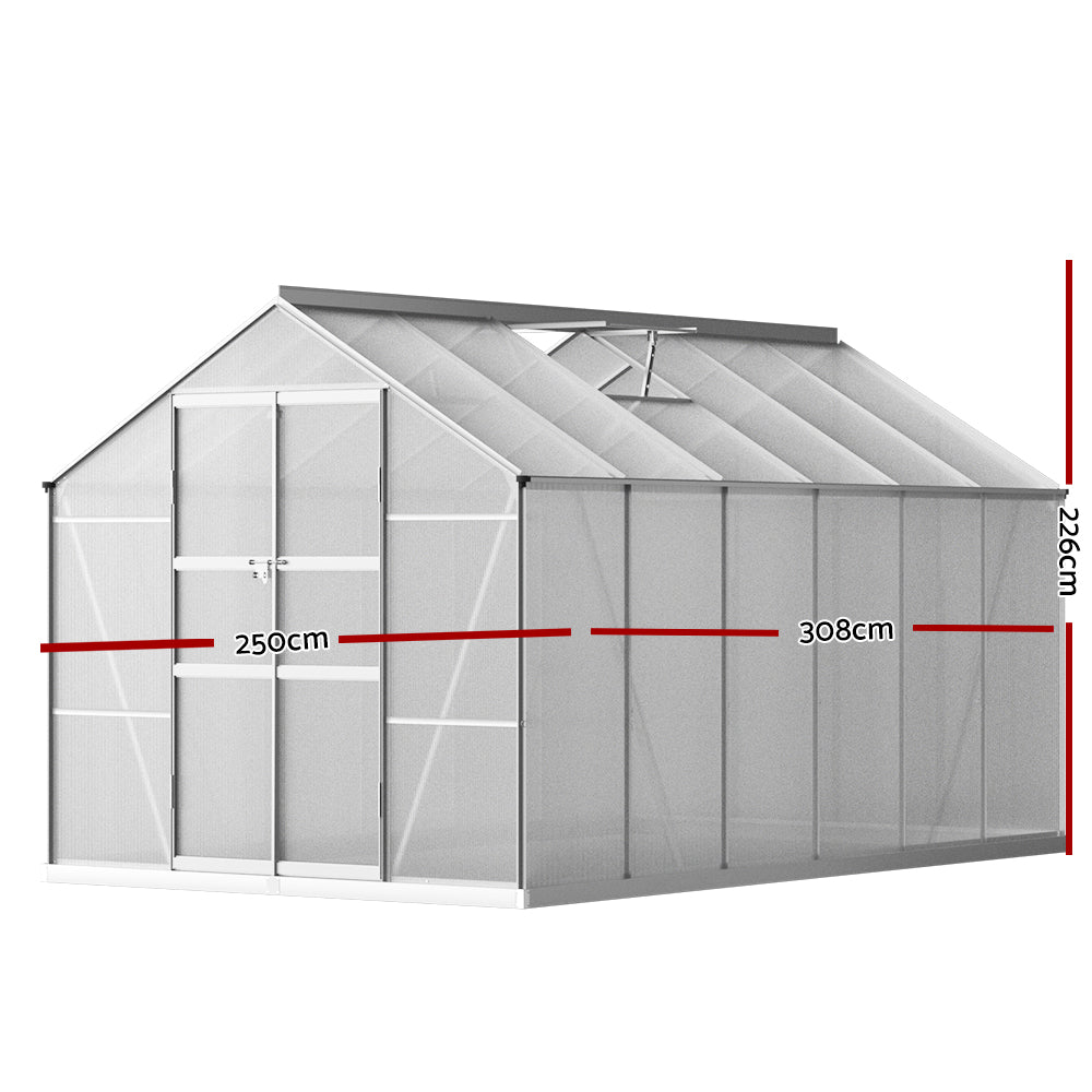 Green Fingers Greenhouse 3x2.5x2.26M Double Doors Aluminium Green House Garden Shed