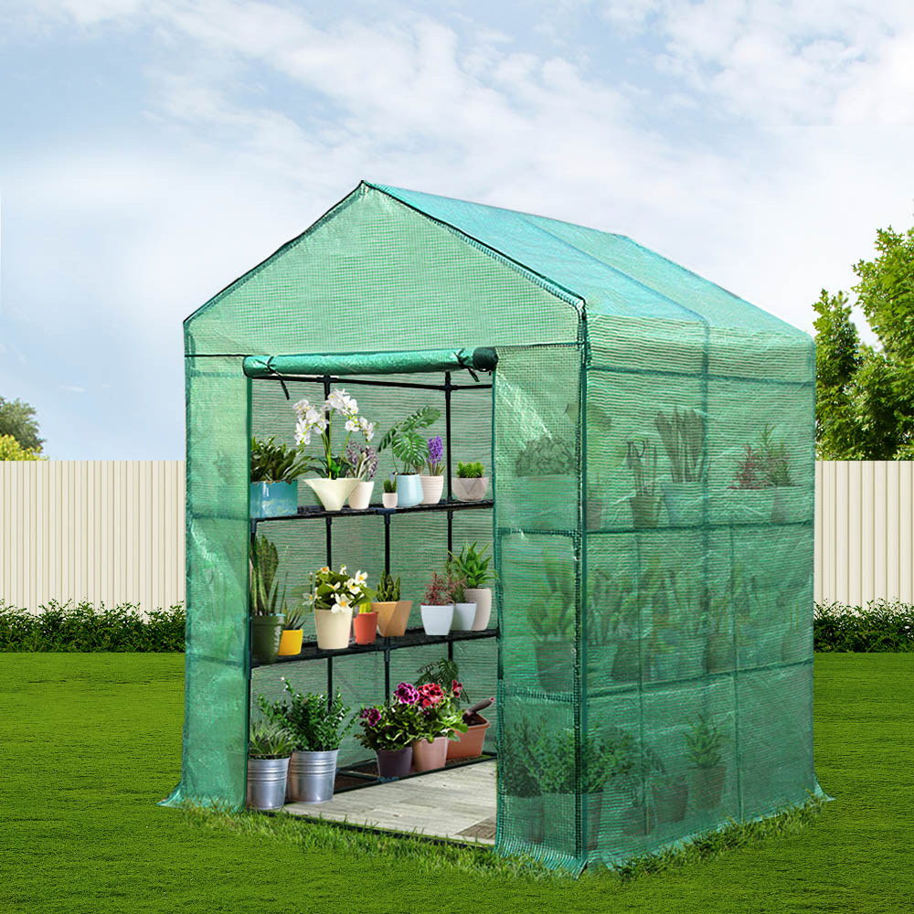 Green Fingers Greenhouse 1.4x1.55x2M Walk in Green House Tunnel Plant Garden Shed 8 Shelves