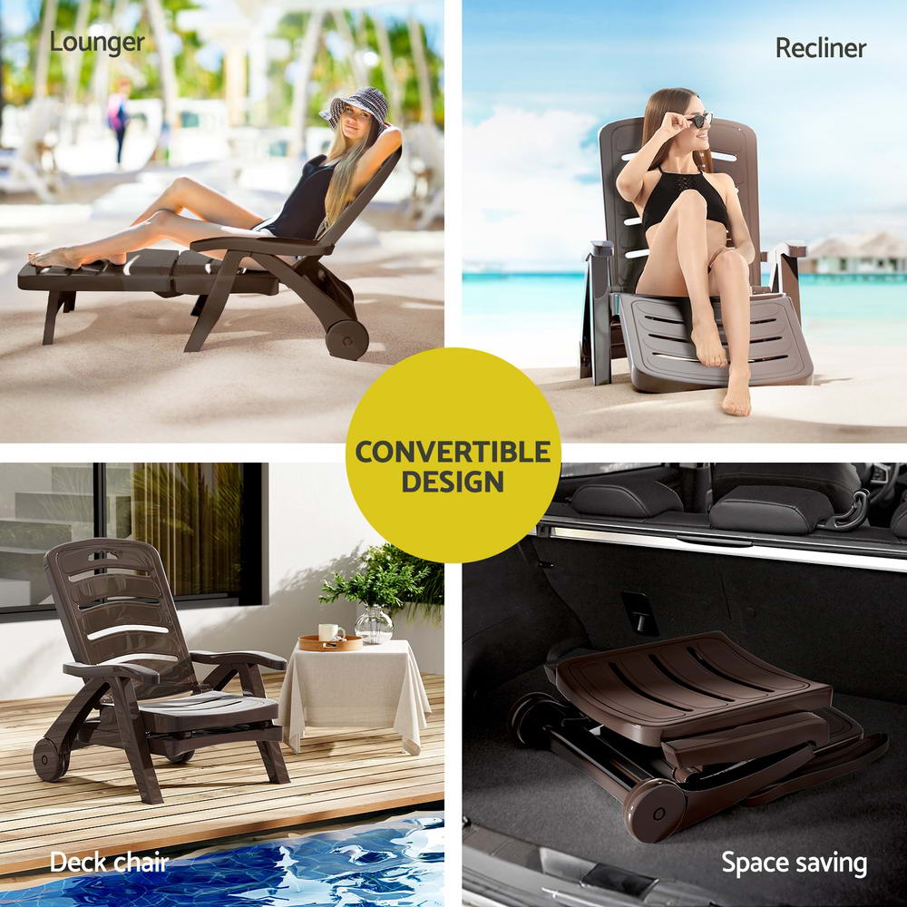 Gardeon Sun Lounger Folding Lounge Chair Wheels Patio Outdoor Furniture Brown