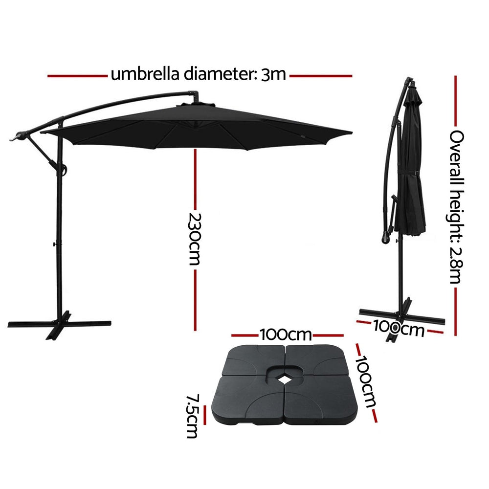 Instahut 3m Umbrella w/Base Outdoor Cantilever Beach Garden Patio Parasol Black