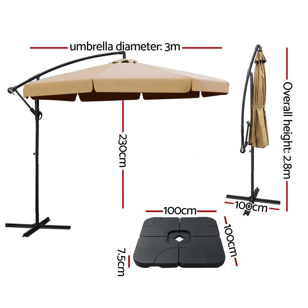 Instahut 3m Outdoor Umbrella w/Base Cantilever Garden Beach Patio Beige