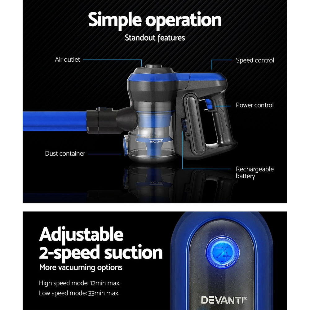 Devanti Stick Vacuum Cleaner Brushless Cordless 250W Blue