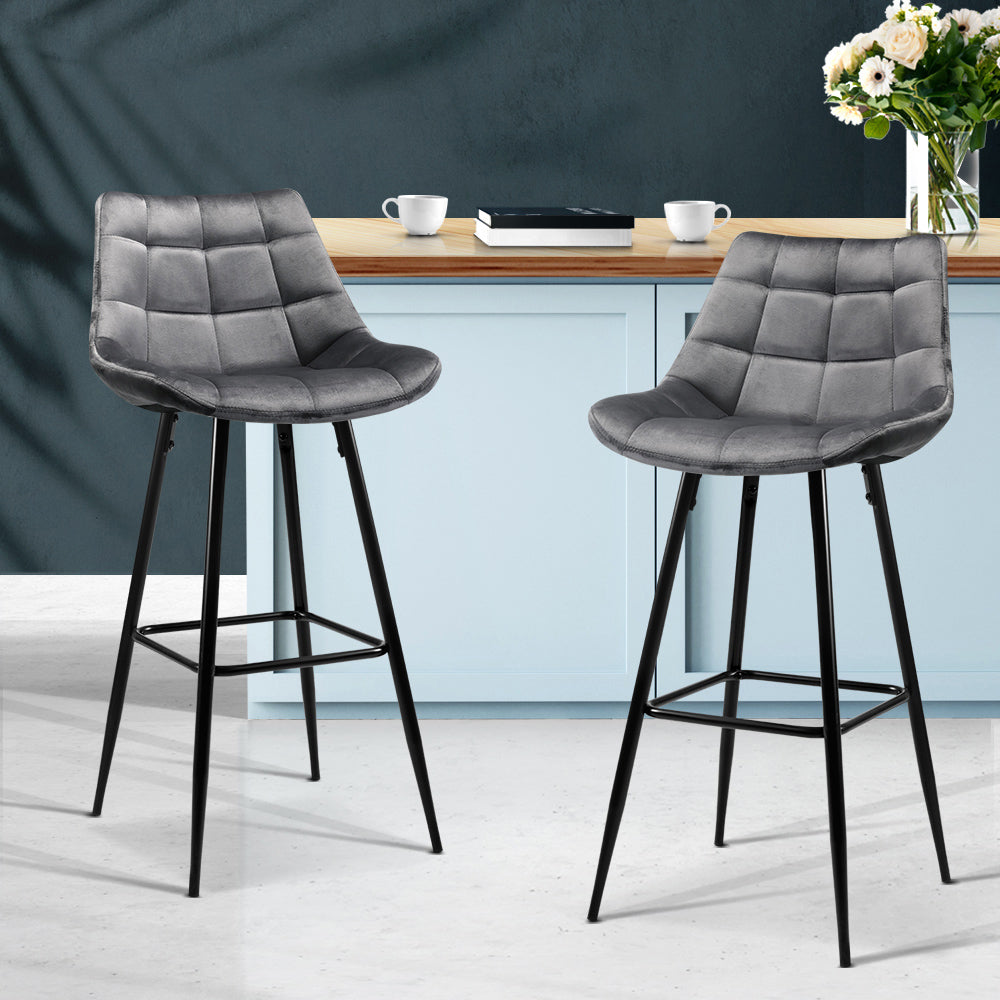 Artiss Set of 2 Velvet Bar Stools - Grey