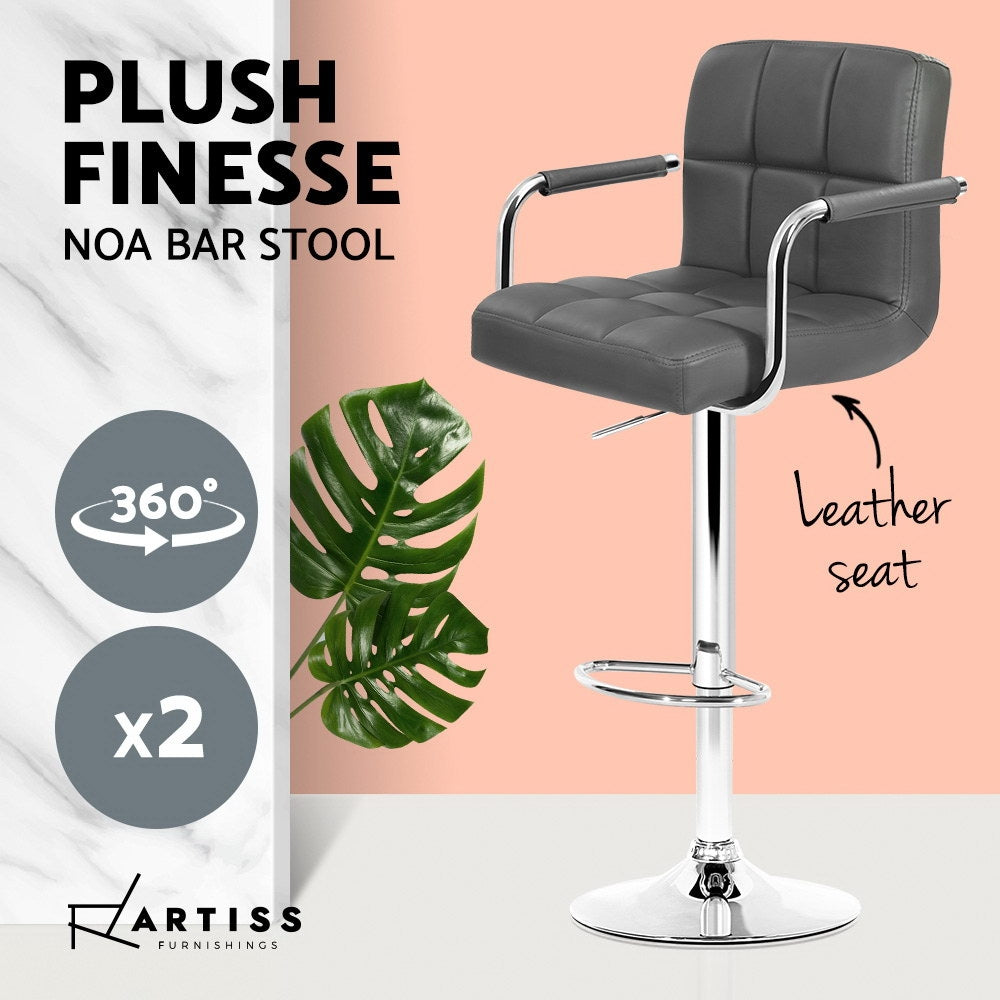 Artiss 2x Bar Stools Gas lift Swivel Chairs Kitchen Armrest Leather Chrome Grey