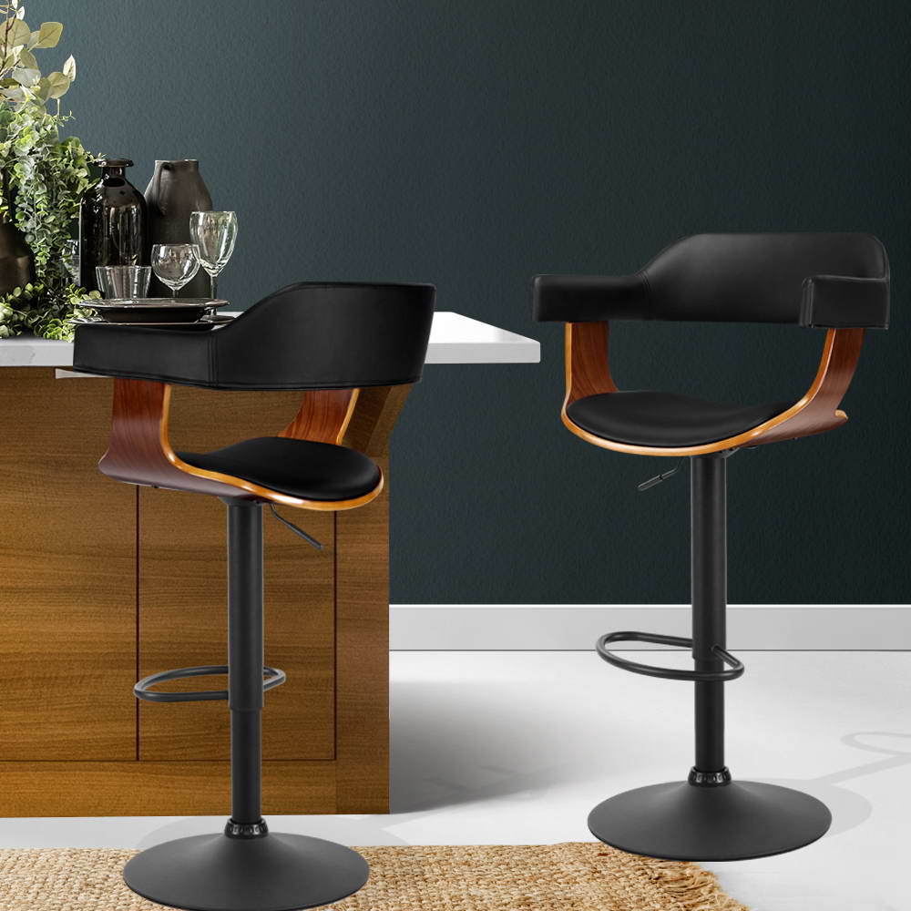 Artiss Bar Stool Curved Gas Lift PU Leather - Black and Wood