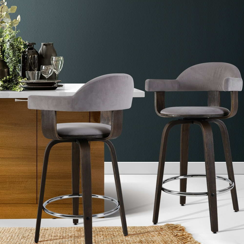 Artiss Set of 2 Bar Stools Wooden Swivel Bar Stool Kitchen Dining Chair - Wood, Chrome and Grey