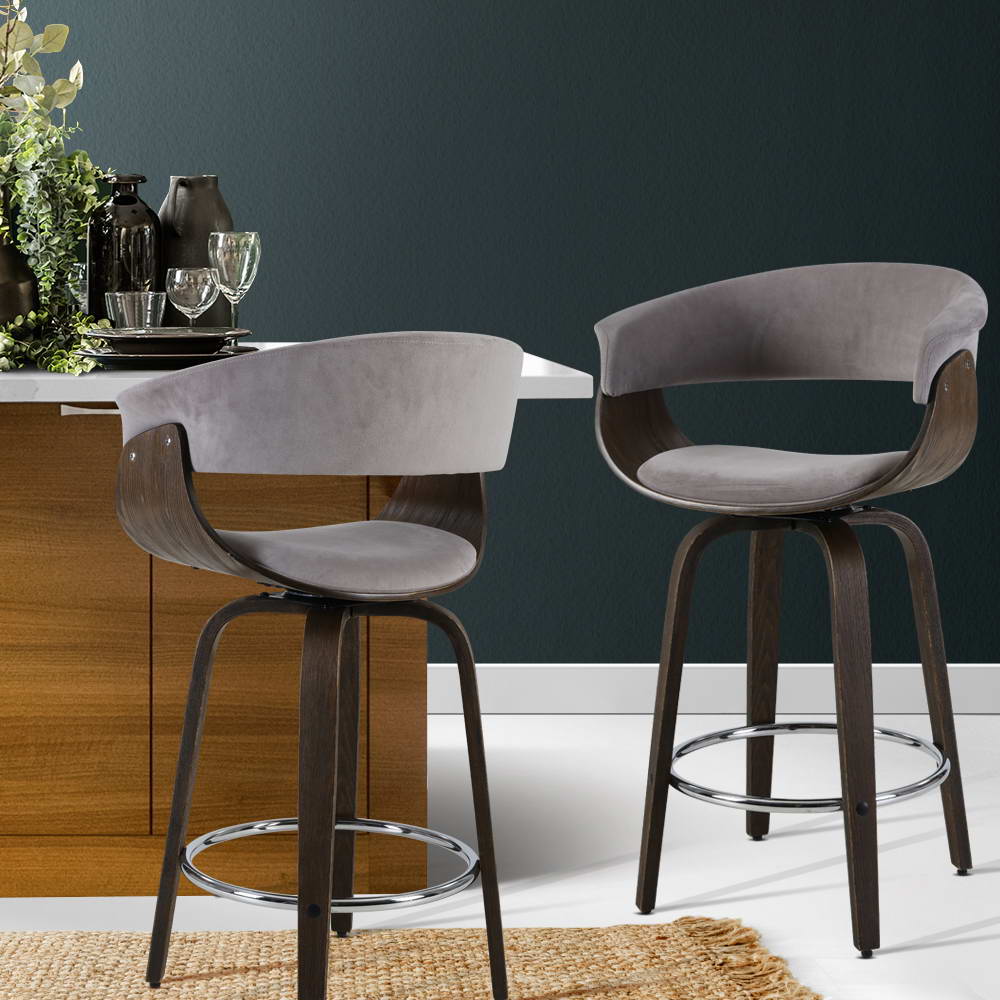 Artiss Swivel PU Suede Bar Stool - Wood and Grey