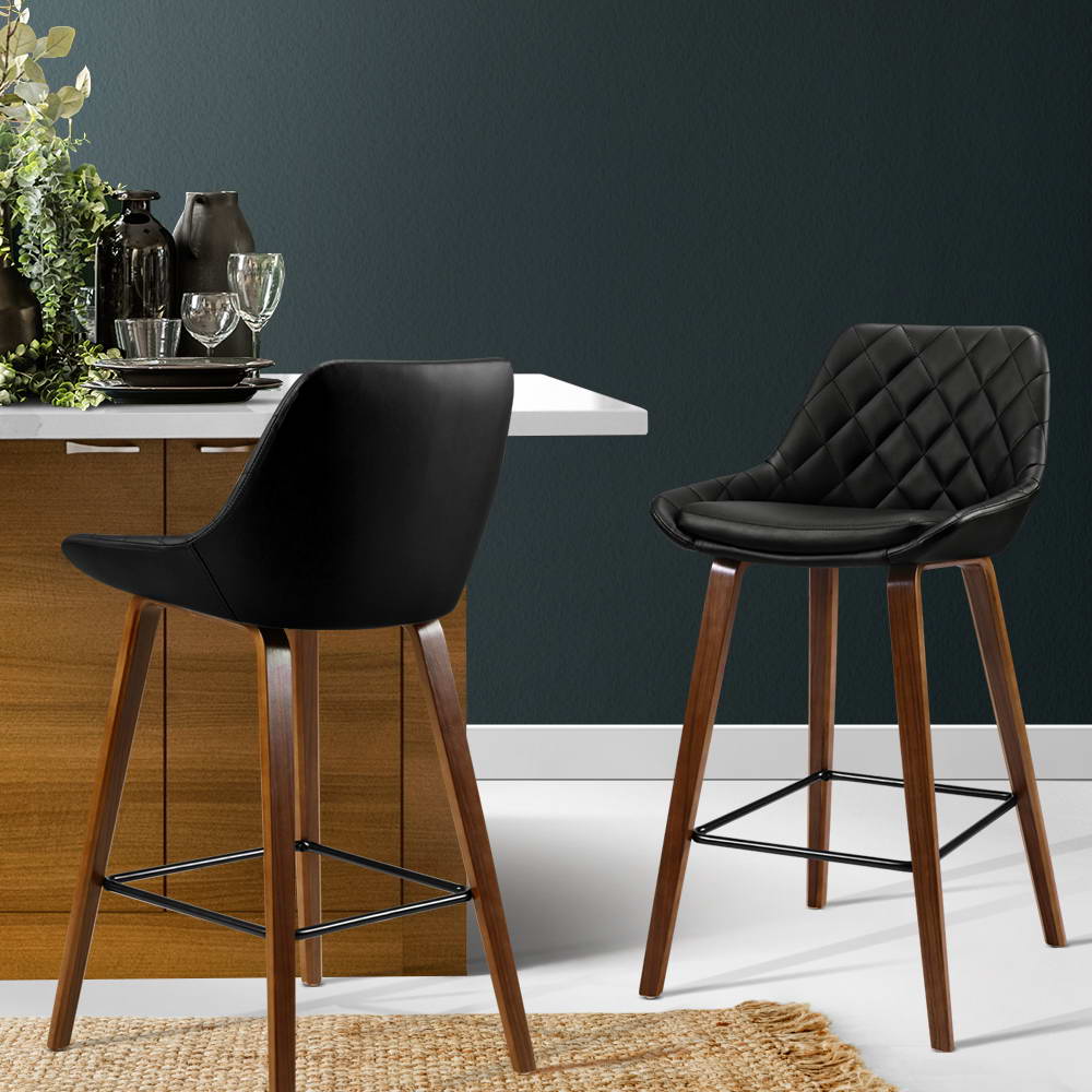 Artiss Set of 2 Bar Stools Bentwood PU Leather Diamond Pleat Black