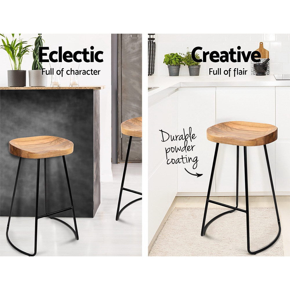 Artiss Set of 2 Elm Wood Backless Bar Stools 75cm - Black and Light Natural