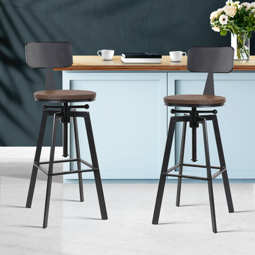 Artiss Set of 2 Rustic Industrial Style Metal Bar Stool - Black and Wood