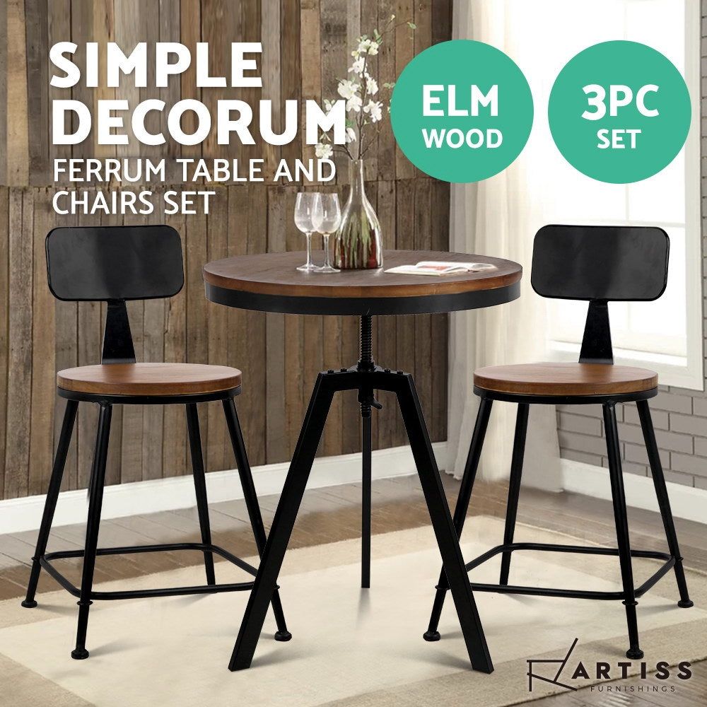 Artiss Bar Table and Stools set Vintage Retro Elm Wood Metal Brown