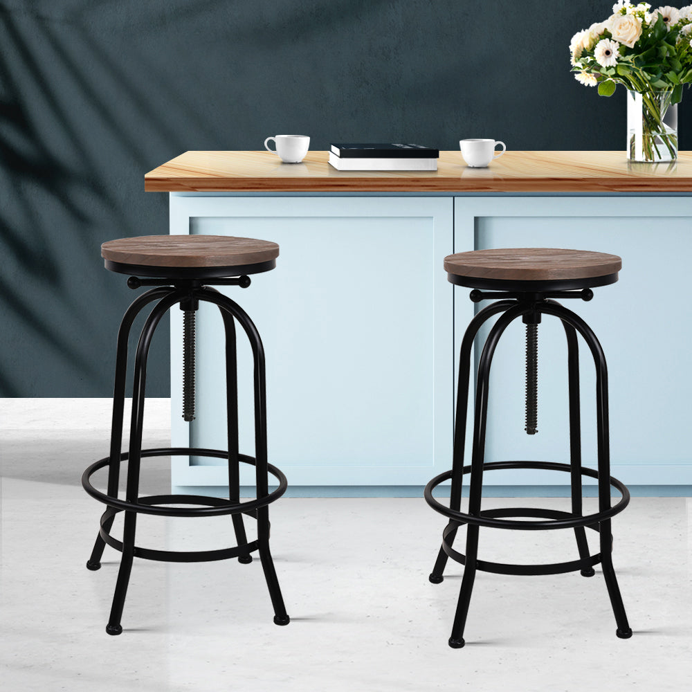 Artiss Set of 2 Bar Stool Industrial Round Seat Wood Metal - Black and Brown