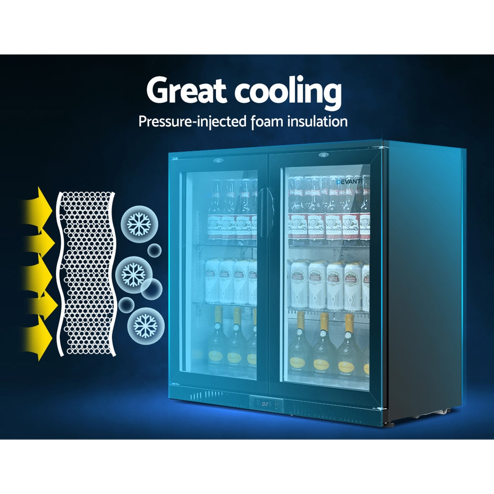 Devanti Bar Fridge 2 Glass Door Commercial Display Freeer Drink Beverage Cooler Black