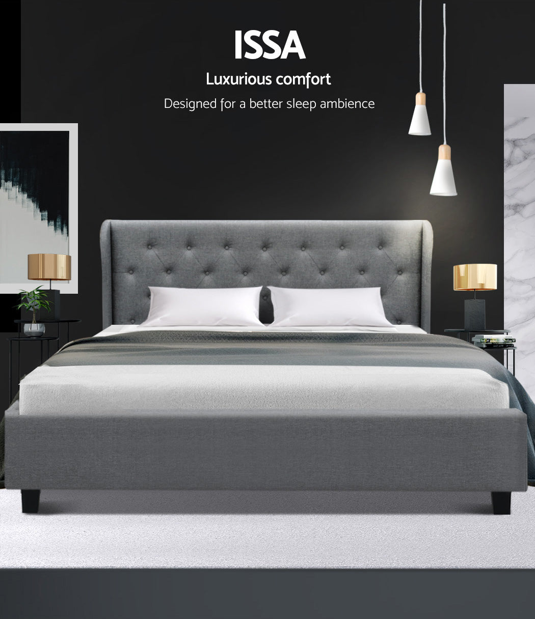 Artiss Issa Bed Frame Fabric Gas Lift Storage - Grey Queen