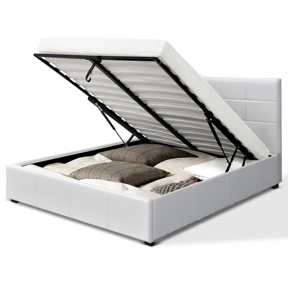 Artiss LISA Double Full Size Gas Lift Bed Frame Base With Storage Mattress White Leather