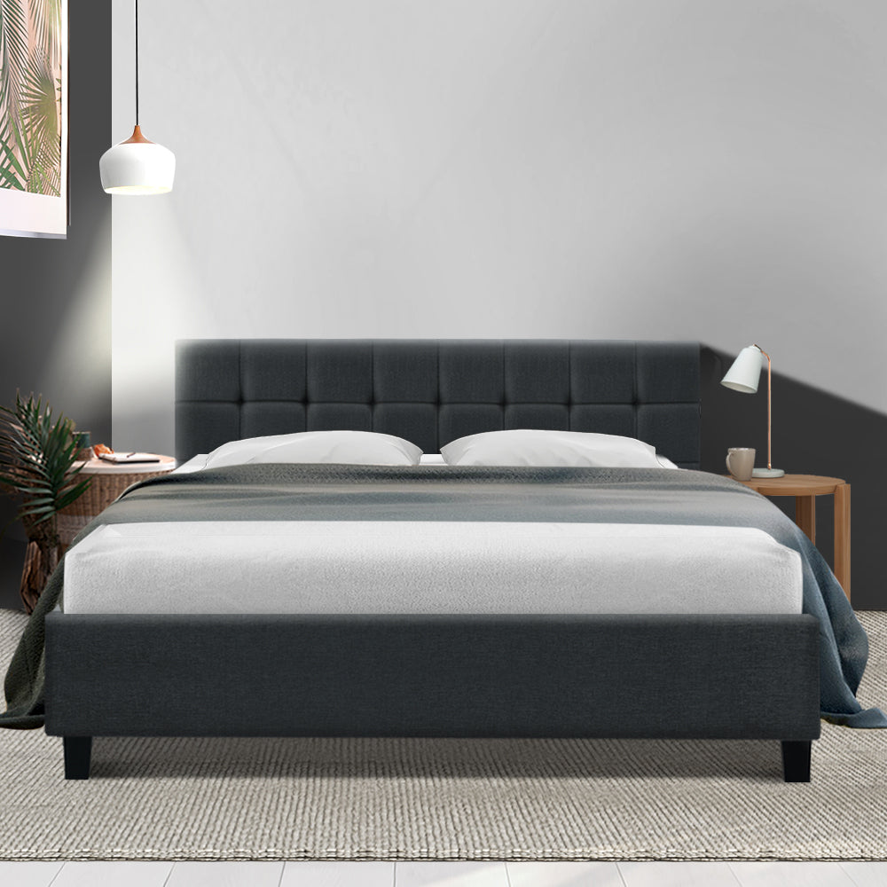 Bed Frame King Size Base Mattress Platform Fabric Wooden Charcoal SOHO
