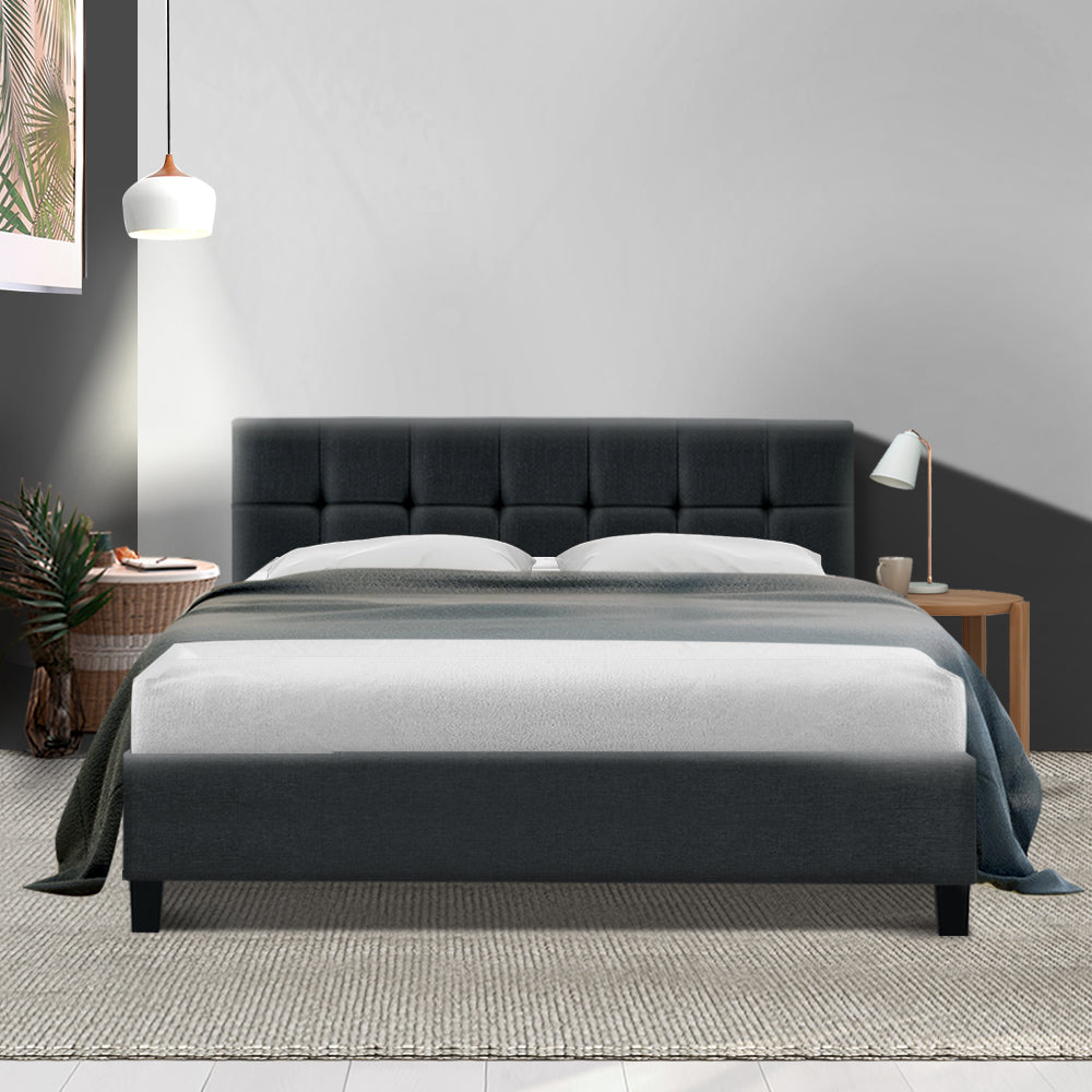 Bed Frame Queen Size Base Mattress Platform Fabric Wooden Charcoal SOHO