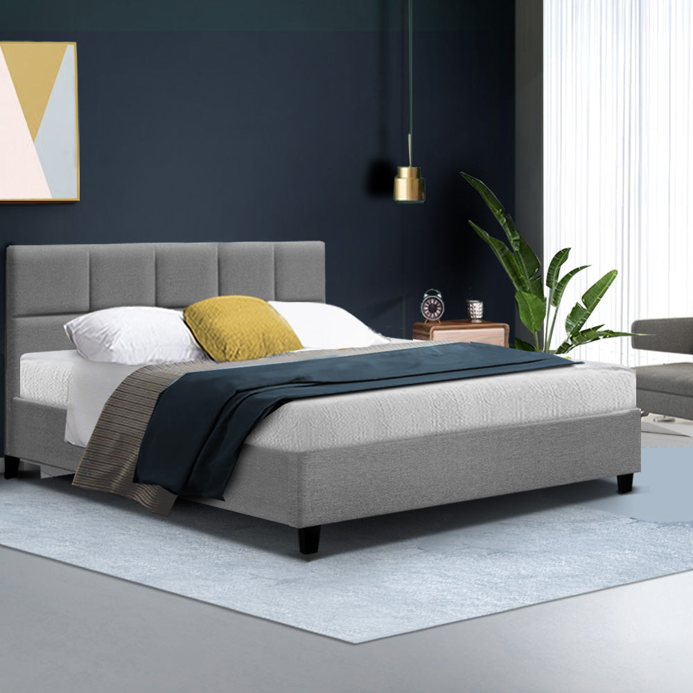 Bed Frame Double Size Base Mattress Platform Fabric Wooden Grey TINO