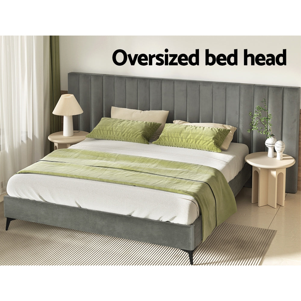 Artiss Bed Frame King Size Bed Base w Oversized Headboard Velvet Fabric Grey