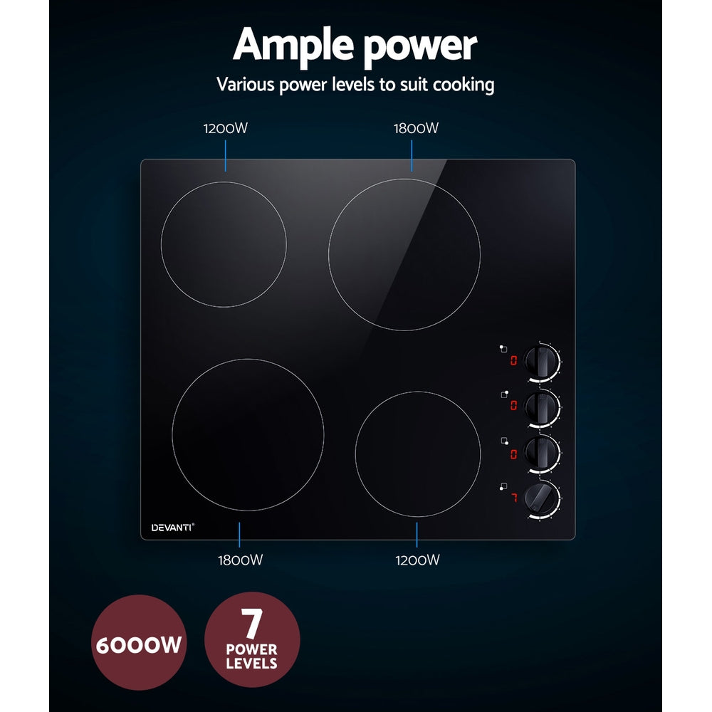 Devanti Ceramic Cooktop 60cm Electric Kitchen Burner Cooker 4 Zone Knobs Control