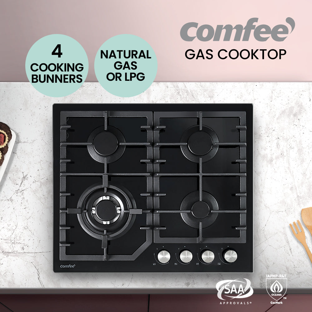 Comfee 60cm Gas Cooktop 4 Burners Kitchen Gas Hob Trivets Stove Cook Top Black