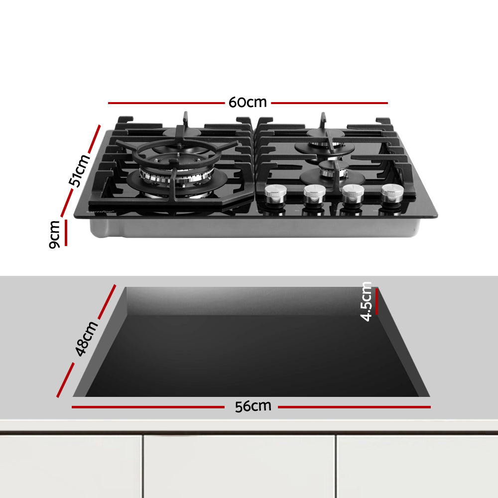 Comfee 60cm Gas Cooktop 4 Burners Kitchen Gas Hob Trivets Stove Cook Top Black