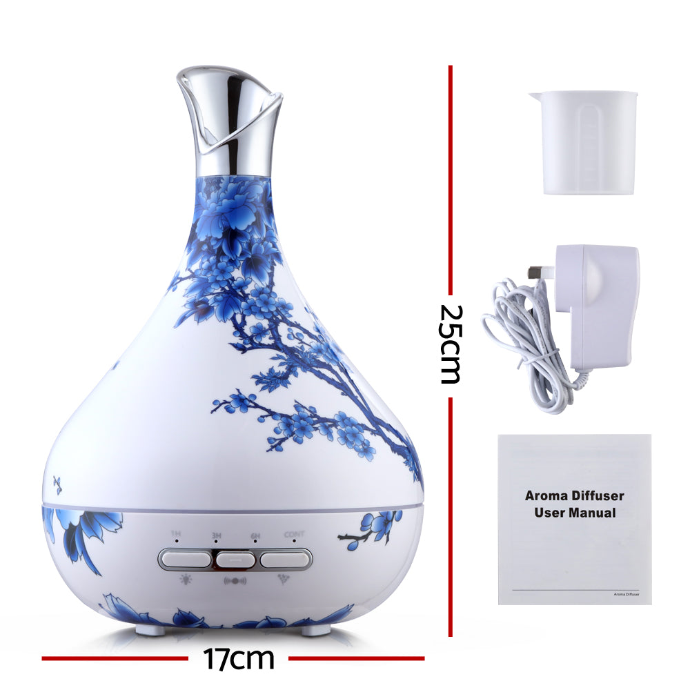 DEVANTI Aroma Diffuser Aromatherapy LED Night Light Air Humidifier Purifier Blue And White Porcelain Pattern 300ml