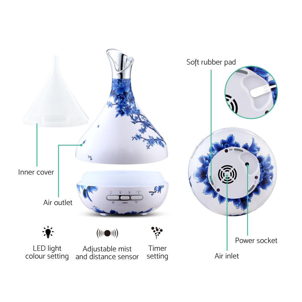 DEVANTI Aroma Diffuser Aromatherapy LED Night Light Air Humidifier Purifier Blue And White Porcelain Pattern 300ml